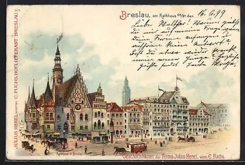 Lithographie Ganzsache PP9 F16 /02: Breslau, Geschäfte und Pferdebahn am Rathaus