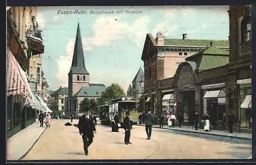 AK Essen a. Ruhr, Bugstrasse mit Museum, Kirche und Strassenbahn