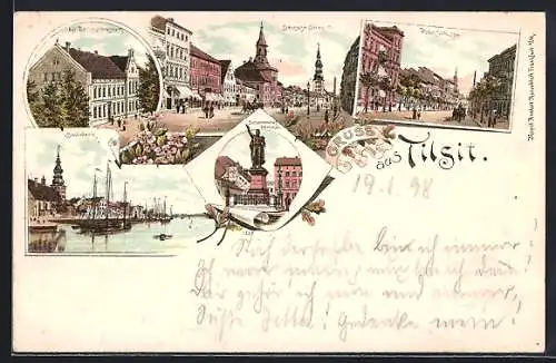 Lithographie Tilsit, Kgl. Realgymnasium, Bollwerk, Deutsche Strasse und Hohe Strasse