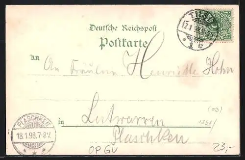 Lithographie Tilsit, Kgl. Realgymnasium, Bollwerk, Deutsche Strasse und Hohe Strasse