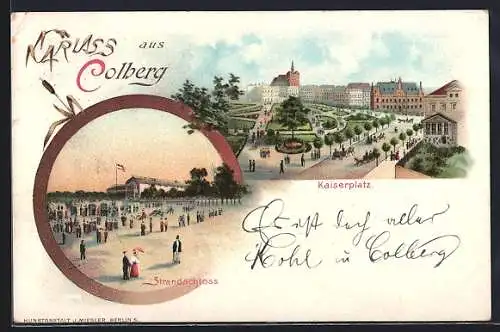 Lithographie Colberg, Kaiserplatz und Strandschloss