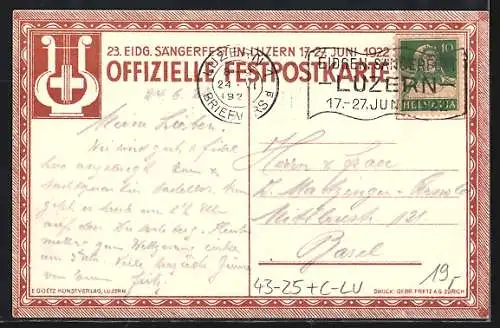 AK Luzern, 23. Eidg. Sängerfest 1922, Festwagen Apollo der Gesellschaft Fidelitas Luzern