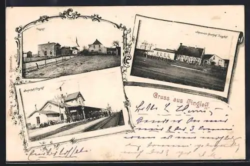 AK Tingleff, Johansen`s Gasthof, Bahnhof und Ortspartie