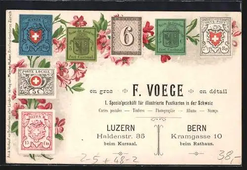 Künstler-AK Luzern, Mutoskop-Ausstellungen und Postkartenverkauf von E. Voege, Löwenplatz, Rückseitig Briefmarken