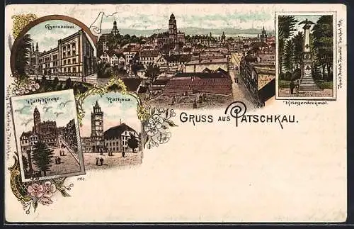 Lithographie Patschkau, Gymnasium, Kriegerdenkmal, Rathaus und Kath. Kirche