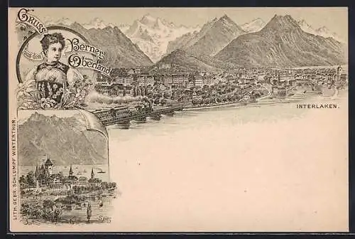 Lithographie Interlaken /Berner Oberland, Stadtansicht mit Bergpanorama