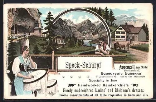 Lithographie Appenzell /St. Gall., Kapelle und Berglandschaft, Reklame für Modegeschäft Succursale Lucerne