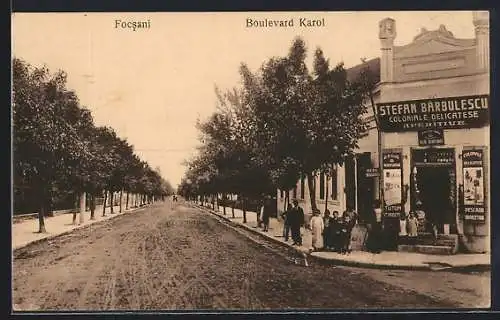 AK Focsani, Boulevard Karol mit Stefan Barbulescus Coloniale, Delicateste, Restaurant
