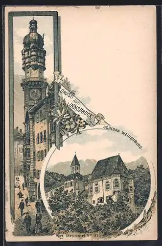 Lithographie Innsbruck, Das Schloss Weiherburg, Ortspartie