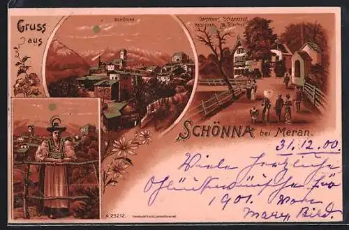 Lithographie Schönna bei Meran, Gasthaus Schönerhof v. M. Pircher, Frau in Tracht, Ortsansicht