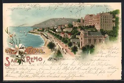 Lithographie San Remo, Hotel Royal, Spaziergänger auf der Promenade um 1900