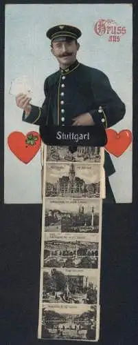 Leporello-AK Stuttgart, Ansichten in der Brieftasche, Königsbau, Marktplatz, Schlossplatz, Eugensbrunnen