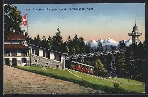 AK Chaumont, La gare vue sur la Tour et les Alpes, Bergbahn