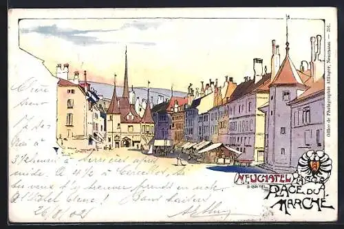Künstler-AK Neuchatel, Strassenpartie im Stadtkern