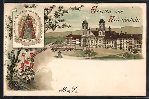 Lithographie Einsiedeln, Prozession vor dem Kloster, Gnaden-Mutter