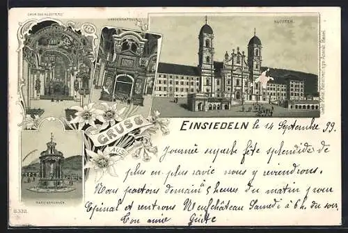 Lithographie Einsiedeln, Gnadenkapelle, Chor des Klosters, Marienbrunnen, Kloster