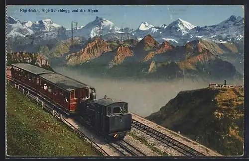 AK Rigi, Bergbahn Rigi-Scheidegg und die Alpen