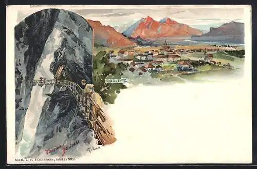 Lithographie Ragatz, Ortsansicht, Tamina-Schlucht