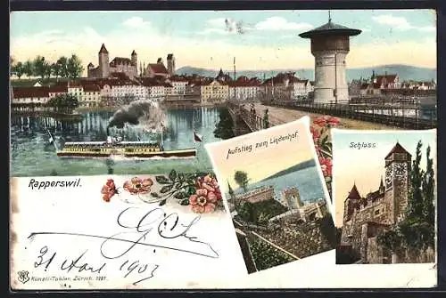 AK Rapperswil /SG, Ortsansicht mit Dampfer, Aufstieg zum Lindenhof, Schloss