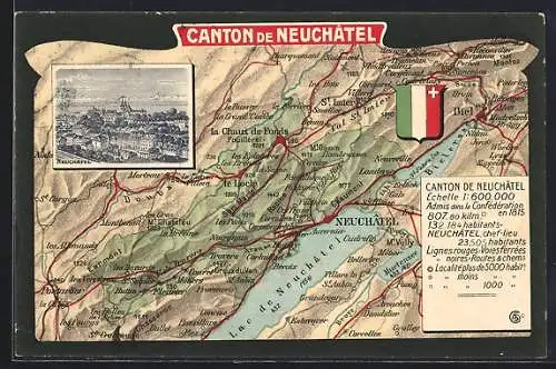 Künstler-AK Neuchatel, Ortsansicht, Landkarte Canton Neuchatel, Wappen