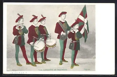 AK Neuchâtel, Les Armourins, Schweizer in Kostümen mit Musikinstrumenten