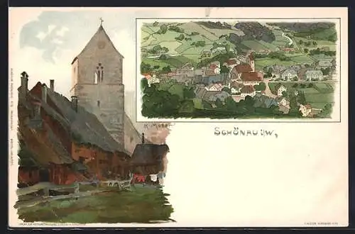Künstler-AK K. Mutter: Schönau / Wiesenthal, Totalansicht aus der Vogelschau, Kirche und Häuser