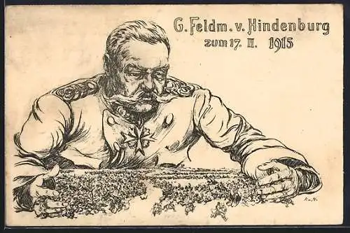 AK Paul von Hindenburg dirigiert seine Truppen, 17.2.1915