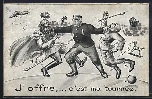 AK J`offre,... c`est ma tournée, Propaganda, Joffre verdrischt Franz Josef I. und Wilhelm II.
