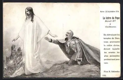 Künstler-AK S. Solomko: Kaiser Wilhelm II. kniet flehend hinter Jesus Christus