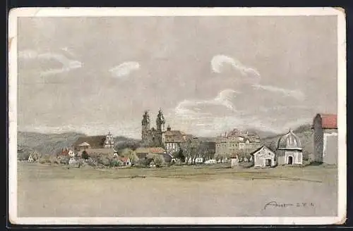 Künstler-AK Grüssau, Ortsansicht mit Kloster