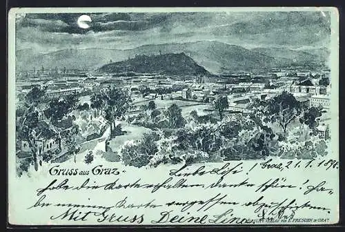 Mondschein-Lithographie Graz, Totalansicht in der Nacht