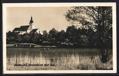 AK Litschau, Herrenteich mit städt. Bad und Kirche