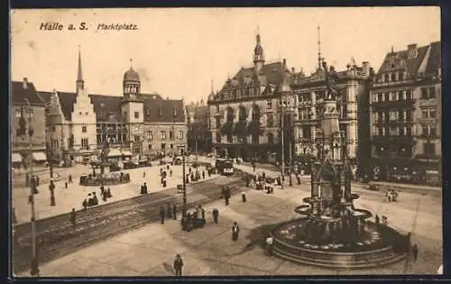 AK Halle a. S., Marktplatz mit Strassenbahn