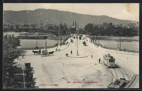 AK Zürich, Quaibrücke mit Strassenbahn
