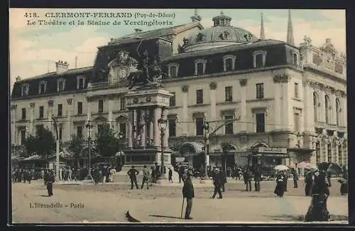 AK Clermont-Ferrand, Le Théatre et la Statue de Vercingétorix, Strassenbahn