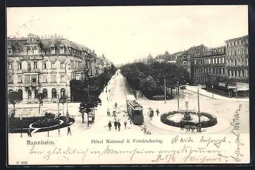 AK Mannheim, Hotel National & Strasse Friedrichsring mit Strassenbahn