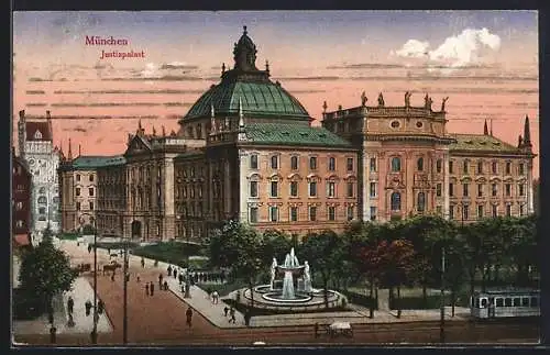AK München, Blick zum Justizpalast, Strassenbahn