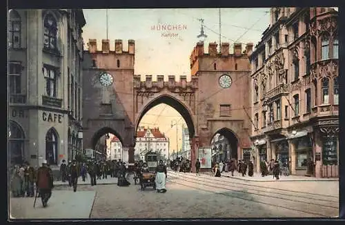 AK München, Strassenbahn am Karlstor