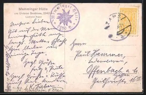 Künstler-AK R. Reschreiter: Memminger Hütte, Blick den Hang hinauf zur Berghütte am Unteren Seebisee