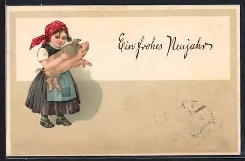 AK Kleines Mädchen mit Ferkel auf dem Arm, Neujahrsgruss