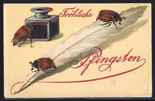 Lithographie Drei Maikäfer mit Tintenfass und Feder, Pfingstgruss