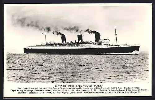 AK Passagierschiff RMS Queen Mary pflügt durchs Meer, Cunard Liner