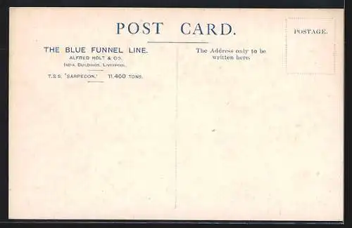 AK Passagierschiff TSS Sarpedon auf See, Blue Funnel Line