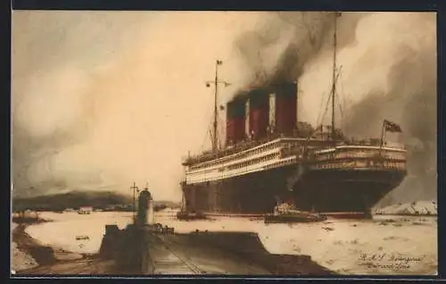 Künstler-AK Passagierschiff RMS Berengaria vor dem Hafen, Cunard Line