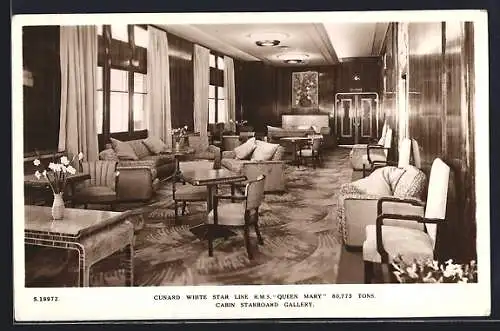 AK Passagierschiff RMS Queen Mary, Cabin Starboard Gallery, Cunard White Star Line