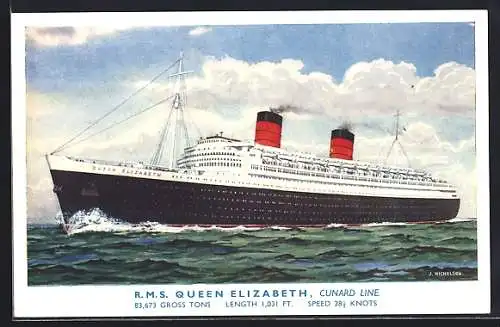 AK Passagierschiff RMS Queen Elizabeth auf dem Meer