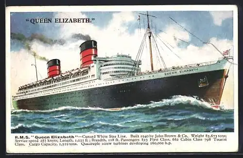 AK Passagierschiff RMS Queen Elizabeth der Cunard White Star Line auf dem Meer