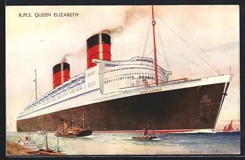 Künstler-AK Passagierschiff RMS Queen Elizabeth im Hafen