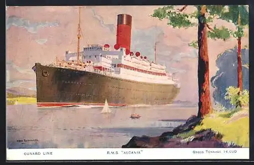 Künstler-AK Passagierschiff RMS Ascania vom Ufer aus
