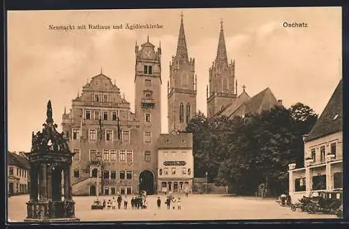 AK Oschatz, Neumarkt mit Rathaus und Ägidienkirche